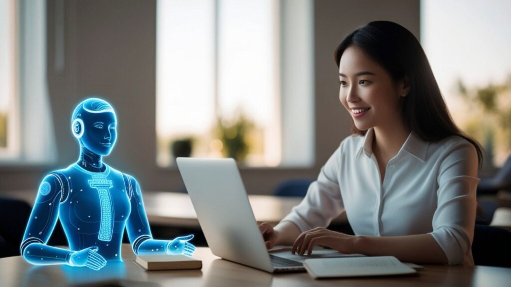 kobieta przy komputerze z AI