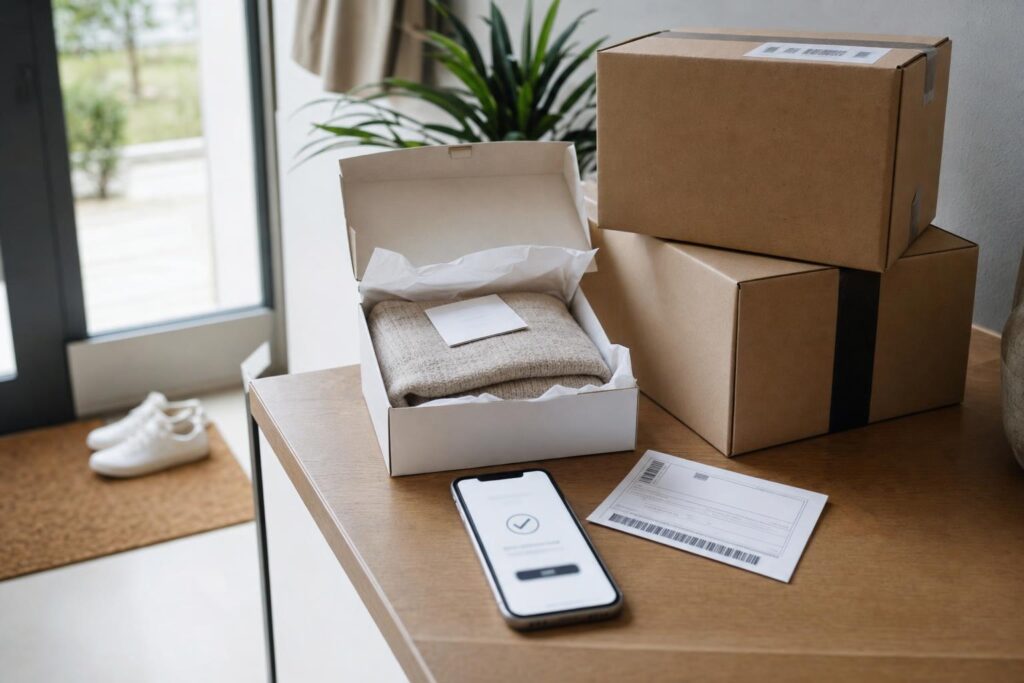 Paczki z zakupów online, smartfon i otwarte opakowanie na jasnym stoliku w domu