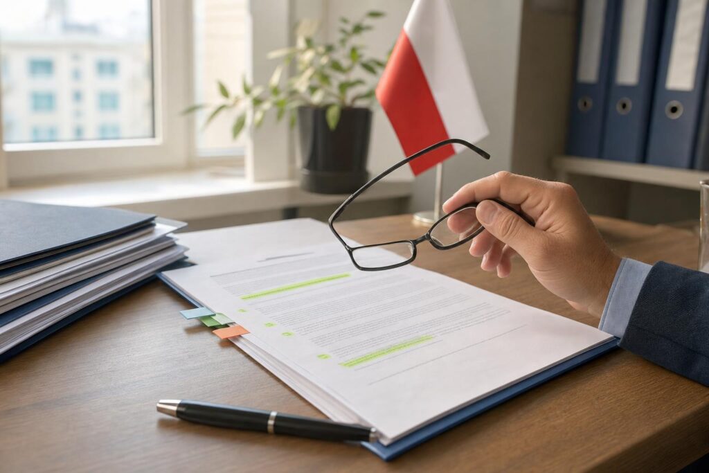 Zbliżenie na dokument pokontrolny na biurku i osobę przeglądającą zalecenia